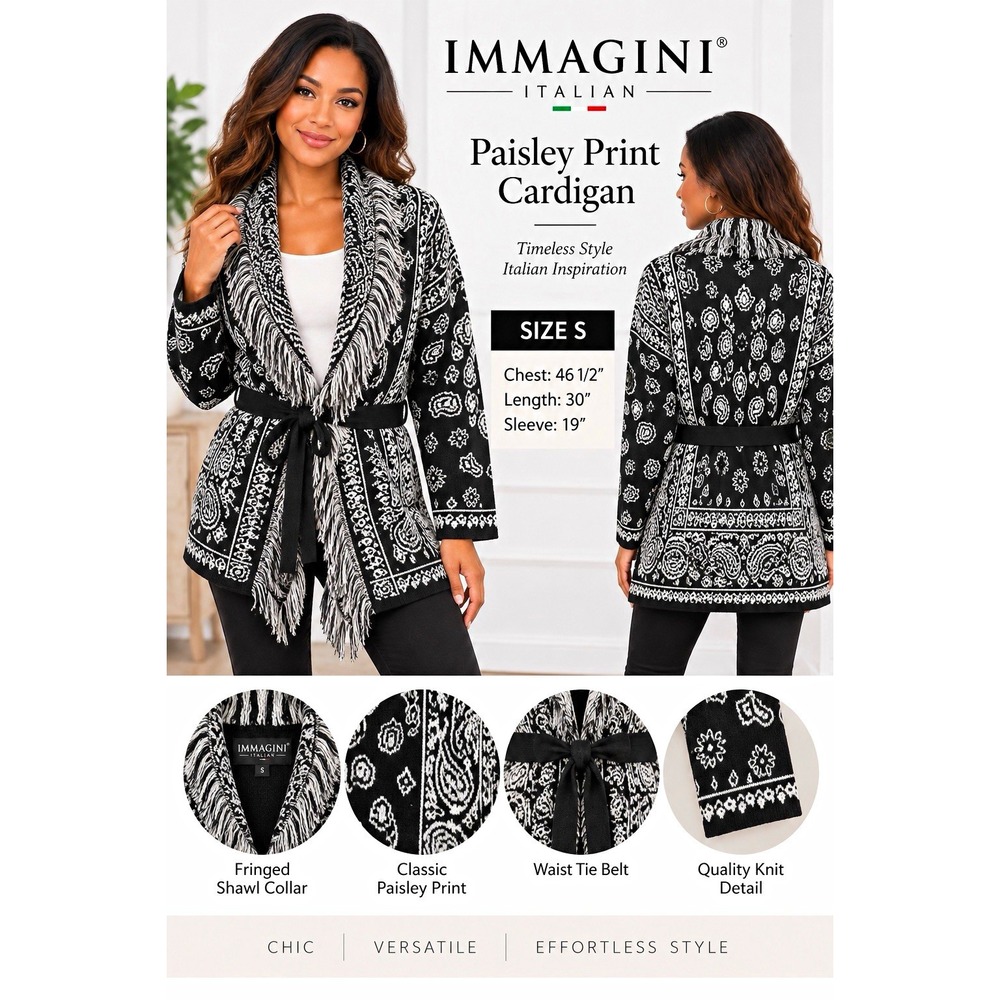 Size S- Immagini Italy Women Black White Paisley Knit Shawl Belted cardigan
